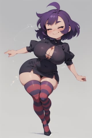 girl, (((shortstack))), ((curvy figure, large breasts, thicc)), smirk, sexy,

short purple hair, closed eyes, sharp hair, black dress, striped thighhighs, striped sleeves, simple background, (dynamic angle),
