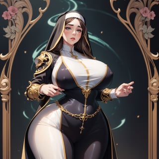 illustration of a milf nun wearing ((a full suit of ornate fantasy armor)), (thicc, curvy figure, huge breasts, wide hips), 2d fantasy illustration with an art nouveau background, dramatic lighting, celestial theme, milfication, mature,