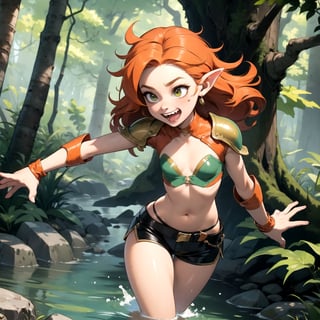 1girl, goblin girl, green skin, fangs, tall, (small breasts, flat chest), wide hips, petite, ((cute, pretty face)), ((orange hair)), ((big hair, messy hair)), 

leather armor, leather shorts, over the knee boots, happy, playful, excited, 

in a forest with trees and a stream, large stones, altar with ancient writings, ((perfect_hands)), ((perfect_legs)), Goodhands-beta2, ((dynamic angle)), closeup shot, gobgirlz