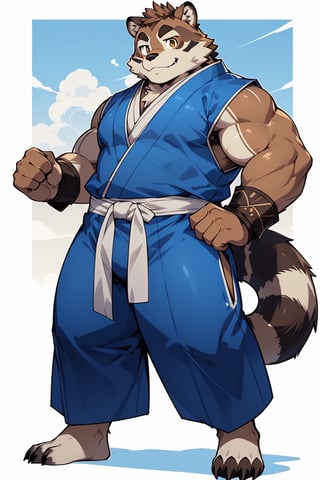 ((1male, fighter, long pants, solo)), (chubby:1.0, bara stocky:1.3, short, round_face, thick eyebrows, soft smile), (tanuku, raccoon boy), full body shot, (wrist cuffs), ((brown fur, blue monk clothes, shin wraps)), (front_view), (chubby_face:0.8), male focus, fighting stance, best quality, masterpiece, intricate details, Anime,nj5furry