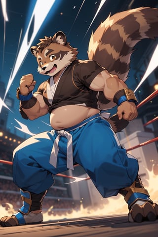 ((1male, fighter, long pants, solo)), (((chubby, belly, bara stocky:1.3, short))), (round_face, thick eyebrows), soft smile, (tanuki, raccoon boy), full body shot, (wrist cuffs), ((brown fur, blue monk clothes)), (((shin guards))), (front_view), (chubby_face:0.8), male focus, (((dynamic angle, fighting stance))), best quality, masterpiece, intricate details, Anime, nj5furry