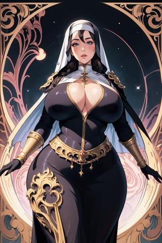 illustration of a milf nun wearing ((a full suit of ornate fantasy armor)), (thicc, curvy figure, huge breasts, wide hips), 2d fantasy illustration with an art nouveau background, dramatic lighting, celestial theme, milfication, mature,