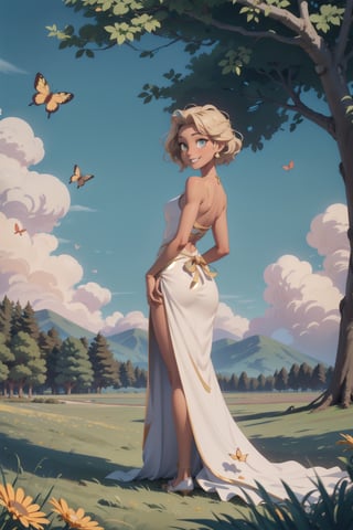 Masterpiece, High quality, photorealistic, cinematic lighting, 

short haired lady, animated figure, serenity, harmony, smooth skin, tanned skin, translucent white gown, gold eyes, happy, smiling, perfect eyes, perfect anatomy, wavy hair,  perfect legs, wide hips, 

fields background, leaves falling from the trees, flowers on the ground, pastel colors, ribbon, trees on the background, clear sky, cloudscape, mountains from behind, butterflies