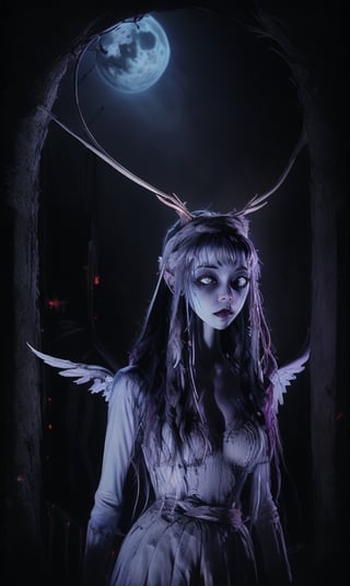 HDR, Ultra detailed illustration of a elf in a magical world full of wonders forest, unique luminous flora, highly detailed, pastel colors, digital art, art by Mschiffer, night, dark, grey bioluminescence, (darkness background:1.2), 1girl, white skin, pale skin,
,Celestial Skin ,angel_wings,zombie bride,Emily Corpse bride ,1girl