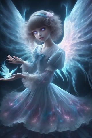 (masterpiece, top quality, best quality, official art, beautiful and aesthetic:1.2), (alluring_lolita_girl), extreme detailed, (fractal art:1.3), colorful, highest detailed, zoom_out, perfect eyes, random hairstyle, forming heart hands ,ghost person, wearing glowing angel wings 