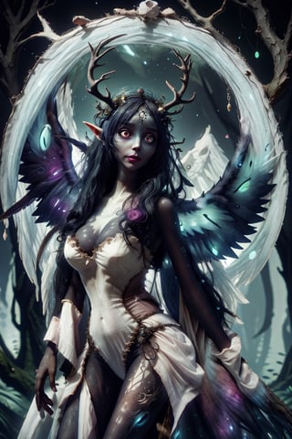 HDR, Ultra detailed illustration of a elf in a magical world full of wonders forest, unique luminous flora, highly detailed, pastel colors, digital art, art by Mschiffer, night, dark, grey bioluminescence, (darkness background:1.2), 1girl, white skin, pale skin,
,Celestial Skin ,angel_wings,zombie bride, edgAntlers