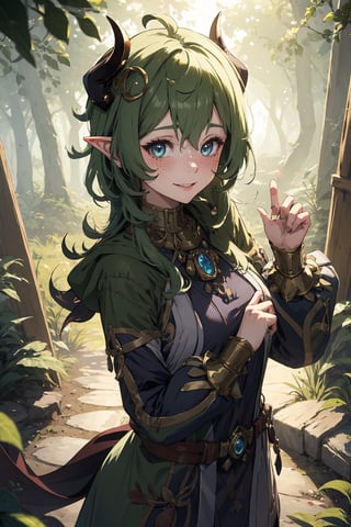 Imagine a female child with short messy vibrant purple hair in a short hair cut. She has small breasts. She has bright green eyes. She has pointed elf ears. She has two short horns on her head. She has an evil smile on her face that shows she's up to no good. She has warm freckles on her face. She wears a long green trench coat. The background is a charming forest path in the enchanted woods with bright lighting,creating a magical ambiance. This artwork captures the essence of mischief and magic against the backdrop of a beautiful setting. detailed,detail_eyes,detailed_hair,detailed_scenario,detailed_hands,detailed_background,vox machina style,vox machina style,oil impasto,flat chest
