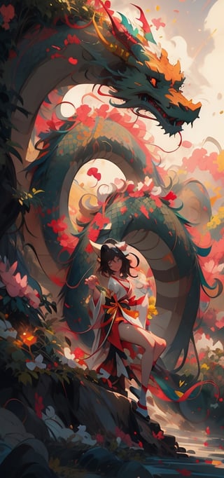 sfw, 8k, (absurdres, highres, ultra detailed), (1lady:1.3), young miko woman with beautiful blowing hair and mesmerizing eyes, wearing a flowing dress made of petals, in a serene garden (filled with blooming flowers)with a green dragon, a representation of beauty and grace, charming, cute, beautiful, ultra detailed, dream like shot, 8k, sunset, ((holographic))), (((rainbowish))), expressive, cinematic, dynamic pose,midjourney, full body,,phlg, black hair, pink highlight,,semirealistic,dragon-themed,dragonyear,miko dressing,miko ,long red hakama,Sexy Pose,firefliesfireflies,Detailedface