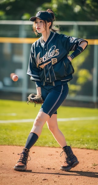 (((24 years old woman))), playing baseball, cute, pretty, ((full body)), ((long_hair)), girl holding a baseball bat, blue wearing a bomber jacket, dr martens boots, batting pose,detailmaster2,perfect,Dancing,baseball 