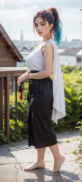 1girl,Sweet,, ,full body ,large breasts,The background is rainy day,cityscape,1 girl,beautiful girl,Female Samurai, Holding a Japanese Sword, shining bracelet,beautiful hanfu(white, transparent),cape, solo, {beautiful and detailed eyes}, calm expression, natural and soft light, delicate facial features,very small earrings, ((model pose)), Glamor body type, (neon hair:1.2),  beehive,long ponytail,very_short_hair, hair past hip, curly hair, flim grain, realhands, masterpiece, Best Quality, photorealistic, ultra-detailed, finely detailed, high resolution, perfect dynamic composition, beautiful detailed eyes, eye smile, ((nervous and embarrassed)), sharp-focus, full_body, sexy pose,cowboy_shot,Samurai girl,glowing forehead,lighting, Japanese Samurai Sword (Katana), a yellow bird in her shoulder,Sexy Pose