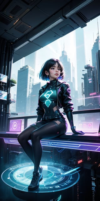 (masterpiece), 1girl, holographic interface, cyberpunk, hacker, medium black hair, green eyes, magic circle, hologram, terminal, holographic computer, light particles, light rays, futuristic setting, Sitting on the edge of a building, 


Her expression a mix of defiance and exhilaration. ,HologramCzar