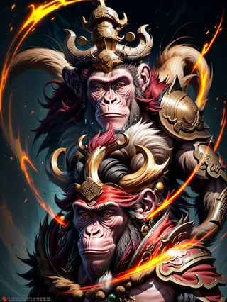 realistic, fantasy, 8k details,(Monkey king:1.5),(wu long:1.5), (chaotic background), money king in  golden armor, face(white beard:1.2), holding a sword (red glow:1.6) , concept art(wu long) , Artstation contest winner, sumatraism, game art, official art, concept art,dark studio