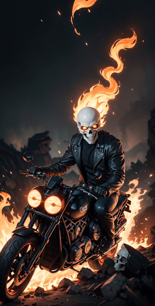 "Generate a striking image of Ghost Rider in great resolution with his iconic burning skull face engulfed in flames, riding a blazing motorcycle through a dark and ominous landscape. Capture the intense and menacing aura of the character while highlighting the fiery elements that make him so captivating."