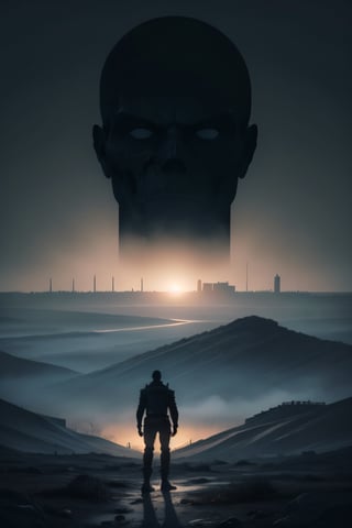 Generate a chilling image of a post-apocalyptic world, with a vast, desolate landscape stretching into the distance. In the background, looming ominously, is the silhouette of a colossal, enigmatic figure, shrouded in shadows. In the foreground,