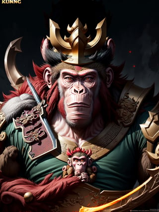 realistic, fantasy, 8k details,(Monkey king:1.5),(wu long:1.5), (chaotic background), money king in  golden armor, face(white beard:1.2), holding a sword (red glow:1.6) , concept art(wu long) , Artstation contest winner, sumatraism, game art, official art, concept art,dark studio