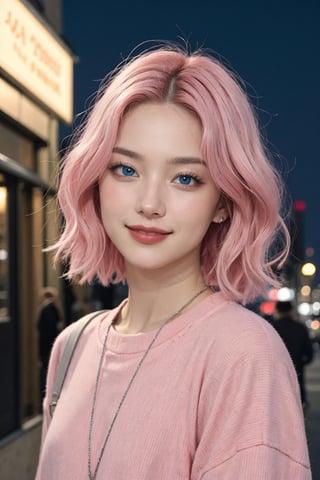 A beautiful Ukranian model, happpy face, cute, sharp light blue eyes, sharp face, highly detailed, short wavy black and pink gradient hair, in paris, nighttime, enjoying, modern clothes