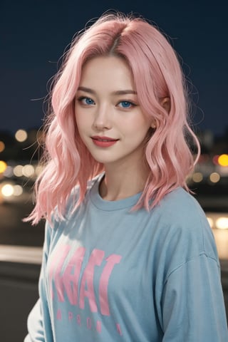 A beautiful Ukranian model, happpy face, cute, sharp light blue eyes, sharp face, highly detailed, short wavy black and pink gradient hair, in paris, nighttime, enjoying, modern clothes