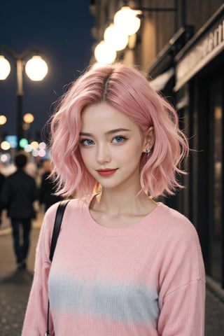 A beautiful Ukranian model, happpy face, cute, sharp light blue eyes, sharp face, highly detailed, short wavy black and pink gradient hair, in paris, nighttime, enjoying, modern clothes