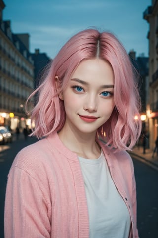 A beautiful Ukranian model, happpy face, cute, sharp light blue eyes, sharp face, highly detailed, short wavy black and pink gradient hair, in paris, nighttime, enjoying, modern clothes