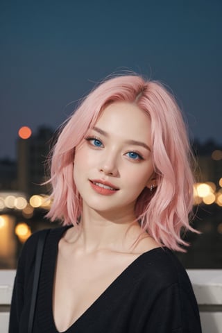 A beautiful Ukranian model, happpy face, cute, sharp light blue eyes, sharp face, highly detailed, short wavy black and pink gradient hair, in paris, nighttime, enjoying, modern clothes