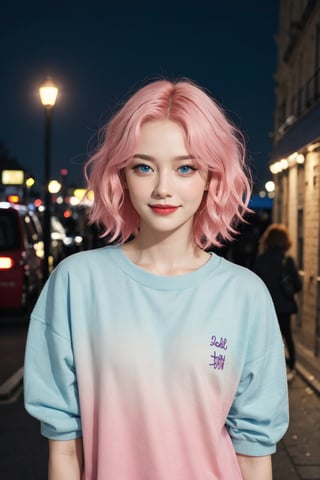 A beautiful Ukranian model, happpy face, cute, sharp light blue eyes, sharp face, highly detailed, short wavy black and pink gradient hair, in paris, nighttime, enjoying, modern clothes