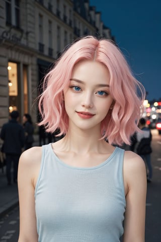 A beautiful Ukranian model, happpy face, cute, sharp light blue eyes, sharp face, highly detailed, short wavy black and pink gradient hair, in paris, nighttime, enjoying, modern clothes