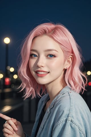 A beautiful Ukranian model, happpy face, cute, sharp light blue eyes, sharp face, highly detailed, short wavy black and pink gradient hair, in paris, nighttime, enjoying, modern clothes