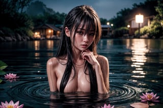 night, night time, dark,  horny, wet skin, shiny skin, wet hair, wet breasts, wet clothes, covered nipples,  moonlight, lilly pads floating, lotus flowers floating with small flames in the center,  night, night time, dark outside, moonlight, full frame, close up, bust shot, upper body, toned body, small waists, wet clothes, see through clothes, in a small cave,  in hot springs, steam rising from water, water falling into hot springs, lotus flowers floating that have small flames inside, playing in the water, flirting with viewer, water splashing all around girl, wet clothes, wet hair, wet body, water falling down body, water falling down breasts, playing with her breast, full frame, kneeling in water, looking at viewer, pulling on her shirt, pulling on her panties, [(1 Korean 19 yo girl), beautiful, gorgeous, sexy model, long layered black hair down to waist, long layered bangs, wet hair, sensual, horny, flirty, bite on her finger, biting on her finger, neon pink lingerie under clothes, silver jewelry, beautiful face, toned body, medium breasts, bust, hi-res blue eyes, long eye lashes, black eye liner, blush, dark pink lips, detailed face,] ,povbathinfront, ridingsexscene, hands on own chest, crop shirt underboob, lotus flowers floating on water,  lotus flower petals floating on water, lotus flowers have small flames inside, small nipples, nipples showing through shirt, 8k, realistic, not nude, 