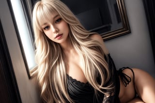 long layered blonde hair, long layered bangs covering partial face, long layered hair over breasts and down to waist,
best quality,masterpiece,detailed,16k,beautiful detailed face, detailed eyes, blue eyes, black eye liner, extended eye liner, long lashes, blush, pink glossy lips, wet lips, detailed lips, detailed face, detailed hair, wavy hair, 8k, beautiful girl, sexy model, seductive, sensual, orgasim, seductress, (full body shot), light tan skin, silver jewelry, cute ornaments in the hair,  light, dark atmosphere, dark background, indoors, storming outside, sexy white dress, bust, medium breasts, dress falling off shoulder, oily skin, wet dress, no bra under dress, small sexy black panties under dress, 