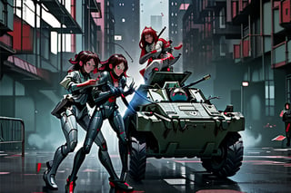 mach robot, 3 girl fighting in a city,BTR-80,Mecha,mecha,yofukashi background