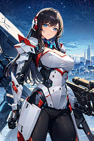 (masterpiece:1.4, best quality), (intricate details), unity 8k wallpaper, ultra detailed, intricate details, super complex details, ((2people)), (sexy girl_standing_beside_robot:1.2), girl, (perfect detailed face, detailed eyes, white dress),
BREAK
robot, (giant mecha, red and black armor, blue eyes, holding rifle), starry sky, skyline, Mecha