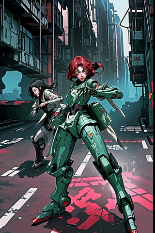 mach robot, 3 girl fighting in a city,BTR-80,Mecha,mecha,yofukashi background