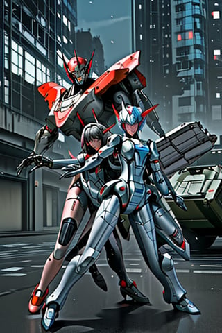 mach robot, 2 girl fighting in a city,BTR-80,Mecha,mecha