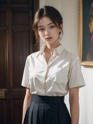 (masterpiece,best quality:1.5),ultra realistic,32k,RAW photo,(high detailed skin:1.2), 8k uhd, dslr, soft lighting, high quality, film grain,lots of details ,pleated skirt , button down shirt ,pretty lady , royal style, gold  accessories,, 1girl, anime