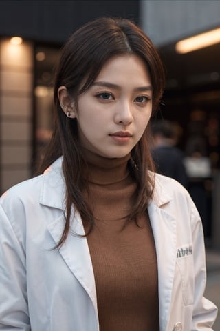 (Realistic, Photorealistic: 1.37), labcoat, white coat, K-Pop idol, ((highest quality)), ((intricate details)), ((surrealistic)), absurd resolution, 18 years old, young , sexy woman, point view, highly detailed illustration, one girl, medium breasted, perfect hands, detailed fingers, beautifully detailed eyes, medium long hair, brown eyes, (turtleneck: 1.2), tight skirt, Detailed background, choker, perfect eyes, enchanting eyes, looking. Viewed from the front