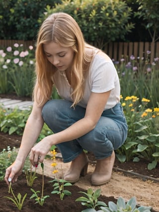 a young blonde american woman planting flowers in her garden. Parody.