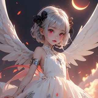 (rising sun background:1.3), (kawaii, tiny angel girl, emo girl, fluffy dress, silver hair, angel ring, red eyes, Flying, looking at viewer:1.2)