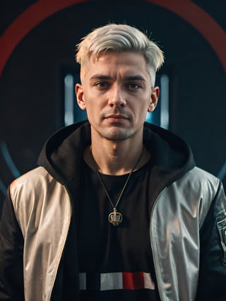 cyberpunk style, cute nice man on cyberpunk, cyberpunk style, cyberpank city, add coat of arms poland, black background, black eyes, with Poland Flag, white hair, short hair
