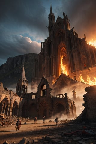 wrench_elven_arch, A sky ablaze over an elven city in ruins with gothic architecture, surrounded by ominous demonic veins mountains,DonMD3m0nV31ns,EpicArt