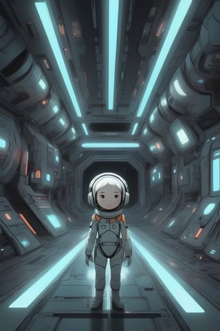 avatar cute, adorable girl, Girl in underpants, spaceship inside, Tsutomu Nihei style, Sidonia no Kishi, gigantism, laser generator, multi-story space, futuristic style, Sci-fi, laser at center, laser from the sky, energy clots, acceleration, light flash, speed, anime, drawing, full body, chibi,