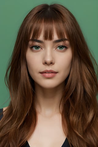 1woman, ((blank background)), vibrant colors, head and shoulders portrait, long_hair, pale, bangs, green_eyes, warrior, large forhead