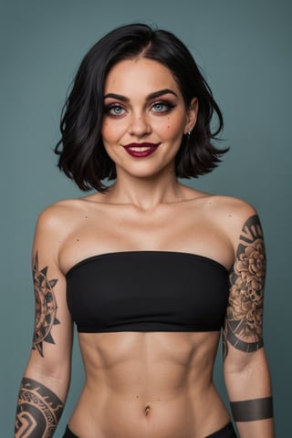 photo of pretty woman, 21 year old woman, (plain photography studio background:1.6), epiC35mm, film grain, (freckles:0.4), upper body shot, (plain background:1.6),, arm tattoo, full-body tattoo, tattoo, black bandeau, black hair,      photo of perfecteyes eyes, perfecteyes eyes