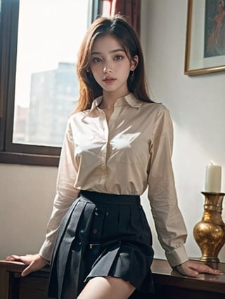 (masterpiece,best quality:1.5),ultra realistic,32k,RAW photo,(high detailed skin:1.2), 8k uhd, dslr, soft lighting, high quality, film grain,lots of details ,pleated skirt , button down shirt ,pretty lady , royal style, gold  accessories,, 1girl, anime