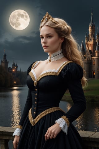 Elegantism, opulent scene, full portrait of a Victorian lady, heroic, black clothes, gold trim, full moon, castle, head and shoulders portrait, 8k resolution. (masterpiece, top quality, best quality, official art, beautiful and aesthetic:1.2), (1girl:1.4), upper body, blonde hair, portrait, extreme detailed, in the style of esao andrews