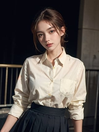 (masterpiece,best quality:1.5),ultra realistic,32k,RAW photo,(high detailed skin:1.2), 8k uhd, dslr, soft lighting, high quality, film grain,lots of details ,pleated skirt , button down shirt ,pretty lady , royal style, gold  accessories,, 1girl, anime