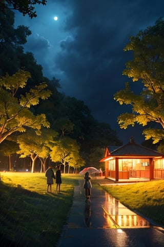 In the grass at night, with a public car station, under the rain, with lights, with buildings, with many people, with the shadows of the forest, with the sunshine, with the style of Miyazaki Hayao, with the style of the cardong