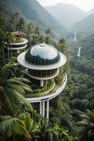 forest , tree , future, daytime, sun shine, future, asia, drizzle, futuristic architecture house, architecture assimilate into forest, palm tree, different species of asian forest plant, perspective depth of field, animal ,round & oval shape architecture house, wind, mountain bacground , bird fly, waterfall, colourful plant
