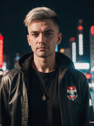 cyberpunk style, cute nice man on cyberpunk, cyberpunk style, cyberpank city, add coat of arms poland, black background, black eyes, with Poland Flag, white hair, short hair
