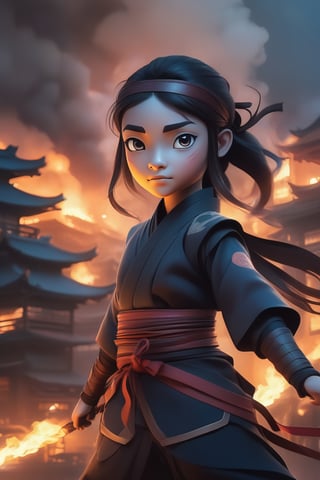 avatar cute, adorable girl, a woman in authentic ninja uniform, burning village in the background, breathtaking beauty, volumetric fog, dynamic pose, artgerm| anna dittmann | dusk| cinematic lighting|, anime, drawing, full body, chibi,