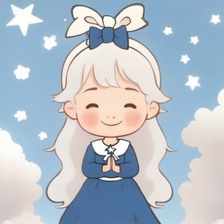 avatar cute, 1girl, solo, long hair, blush, smile, bangs, long sleeves, bow, ribbon, closed mouth, closed eyes, upper body, white hair, hair bow, hairband, star (symbol), blue dress, blue bow, facing viewer